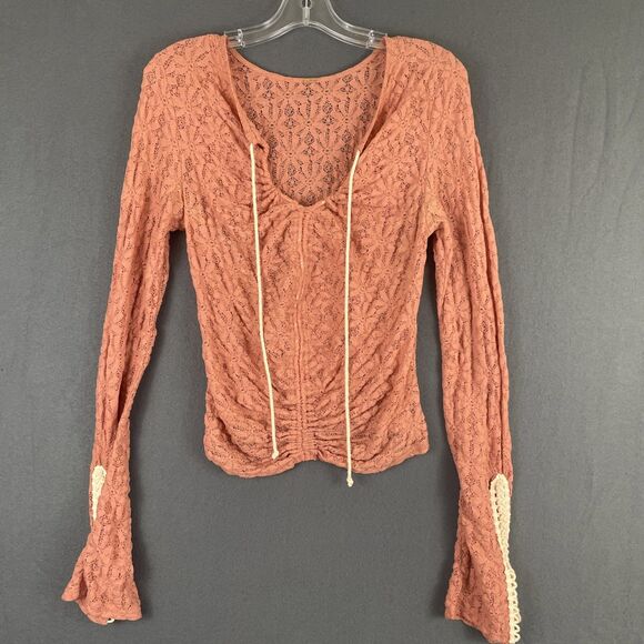 Free People Lilah Lace Ruched Top Blouse With Lace Up Cuffs, Medium - Picture 2 of 7